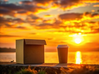 Wall Mural - Silhouette of Coffee Cup and Box at Sunset - Minimalist Coffee Shop Scene