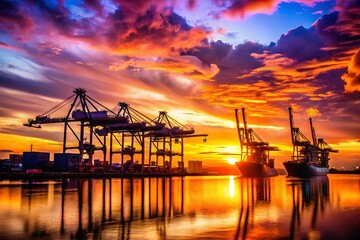 Wall Mural - Silhouette of Cranes and Buildings at Dusk, Port District