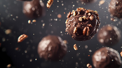 Poster - Chocolate truffles with pecans, in motion, against a dark background. Time-Frozen Waterfalls. Illustration