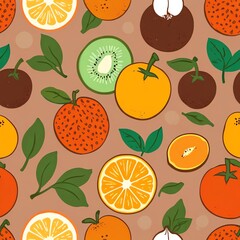 Wall Mural - Vibrant Fruit Pattern: A Delightful Collage of Oranges, Kiwis, and More