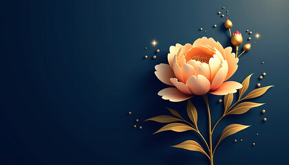 Wall Mural - Peony flower with leaves on dark blue background