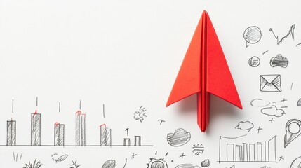 Wall Mural - Red paper plane symbolizes business strategy and innovation success on clean white background. Generative AI