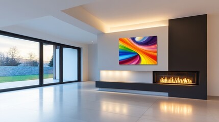 Wall Mural - Modern living room with colorful abstract art, sleek fireplace, and large windows showcasing nature