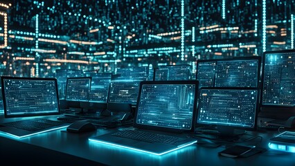 Close-up of multiple computers displaying glowing blue code in a dark server room, suggesting concepts of data processing, cybersecurity, or network technology.