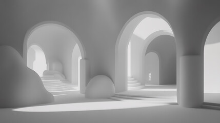 Wall Mural - White arches and rounded shapes fill an interior space with bright light and shadows.