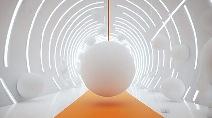 Wall Mural - Illuminated white tunnel with floating spheres and an orange path, creating a modern, minimalist abstract scene.