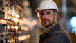 © Naiuang - A professional electrical technician wearing a hard hat and safety glasses, standing in front of a high-voltage electrical panel