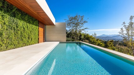 modern villa with a serene pool overlooking a lush landscape under a clear blue sky