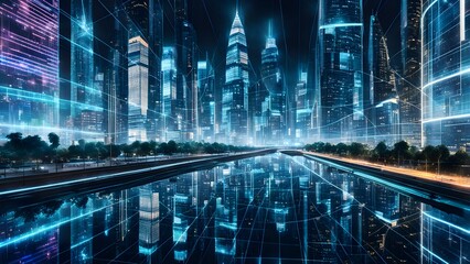 Wall Mural - Stunning nighttime cityscape reflecting in water, overlaid with vibrant digital network lines, showcasing futuristic urban technology and connectivity.