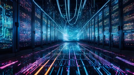 Wall Mural - Abstract futuristic server room with glowing data streams and vibrant light trails on a reflective floor.