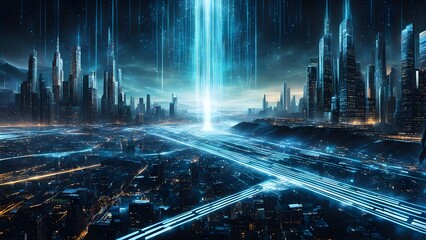Wall Mural - Futuristic cityscape at night with glowing digital streams converging on a central point.