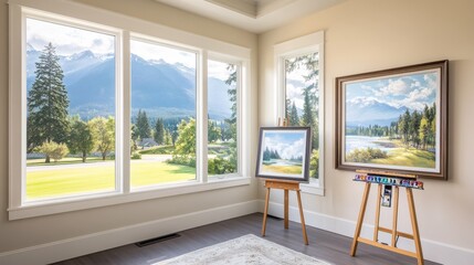 Wall Mural - Bright and airy interior showcasing a landscape painting with mountain views through large windows