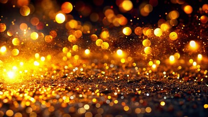 Wall Mural - Sparkling Gold Glitter, Miniature Effect, Black Background Stock Photo