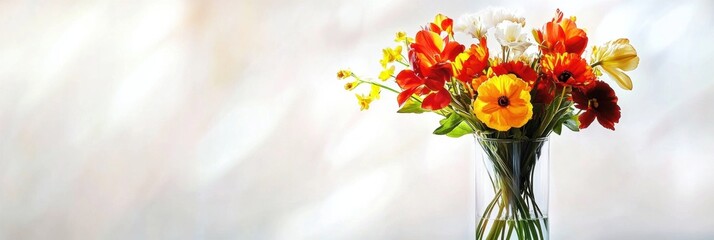 Poster - Bright and colorful flower arrangement in a clear glass vase on a light background. Generative AI