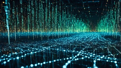 Wall Mural - Abstract digital landscape with glowing lines and nodes representing data flow and network connections.