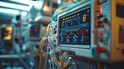 A modern dialysis machine in a hospital setting, clear view of the control panel with detailed buttons and indicators.