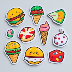 Poster - Playful food stickers featuring vibrant pizza slices and delightful desserts perfect for decorating notebooks and crafting projects. Generative AI