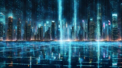Wall Mural - Futuristic cityscape at night with vibrant blue digital data streams reflecting on a water surface.
