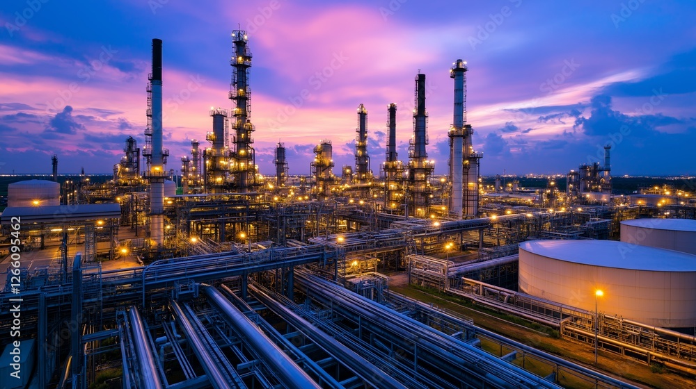 Pipes and distillation towers operating at sunset in an illuminated oil ...