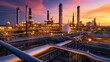 © Topuria Design - Complex network of pipelines and distillation towers processing crude oil in a vast refinery at sunset, showcasing industrial energy production