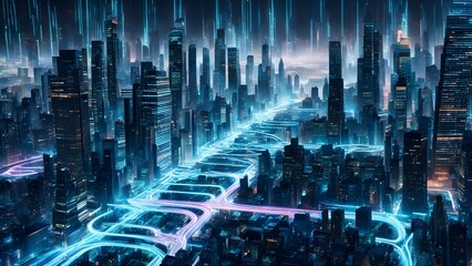 Wall Mural - Futuristic cityscape at night with glowing blue digital energy streams traversing interconnected highways and skyscrapers.