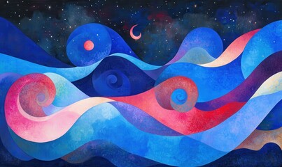 Wall Mural - a dreamy scene with swirling blue, pink, and red shapes, against a backdrop of a dark, starry sky.