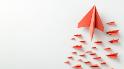 Fototapete - Red paper plane leading the way in business strategy showcasing innovation and solutions on a white background. Generative AI