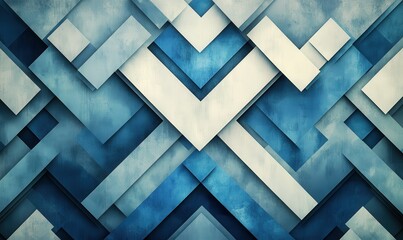 A geometric abstract background with a motif of overlapping blue and gray zigzag shapes.