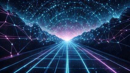 Wall Mural - Abstract glowing neon lines forming a futuristic highway through a digital landscape of interconnected nodes and mountains.