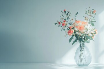 Wall Mural - Beautiful mixed bouquet of flowers in a clear vase with soft natural light illuminating the setting. Generative AI