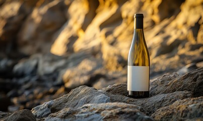 Wall Mural - A lone bottle of wine rests on a rock, set against a rocky backdrop.