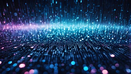 Wall Mural - Abstract background of glowing blue and pink particles falling like rain, creating a digital, futuristic effect.