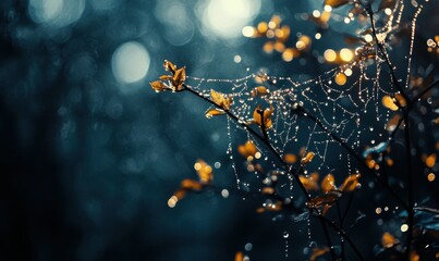 Wall Mural - A spiderweb glistening with dew drops, contrasted against a dark background with bokeh.