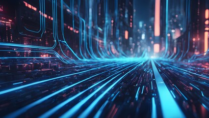 Wall Mural - Abstract futuristic cityscape with glowing blue and orange lines converging towards a vanishing point, depicting high-speed data transfer or digital highway.