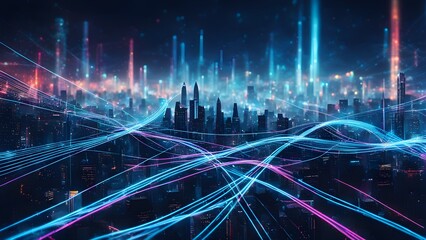 Wall Mural - Futuristic cityscape at night with vibrant neon light trails illustrating digital connectivity and data flow.