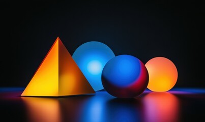 Abstract geometric shapes with vibrant colors on a black background, soft glowing light creating a futuristic look, clean and modern, sharp and dynamic