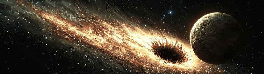 Cosmic event featuring a black hole and a nearby planet in a vivid starry landscape