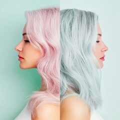 Poster - Comparison of gray hair and vibrant dyed hair featuring side profile of a woman with unique hair colors. Generative AI