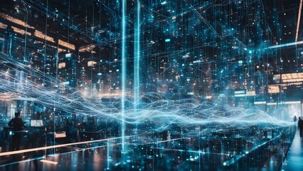 Wall Mural - Abstract futuristic cityscape with glowing digital data streams and network connections.