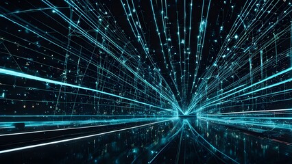 Wall Mural - Abstract futuristic cityscape with glowing teal light trails representing digital data flow and connectivity.