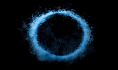 Wall Mural - an isolated blue smoke circle on a black background, forming a smoke explosion backdrop.