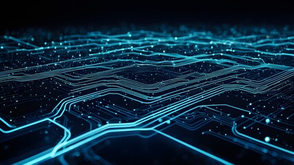 Wall Mural - Abstract glowing blue circuit board lines and nodes form a complex network, representing digital technology and data flow.