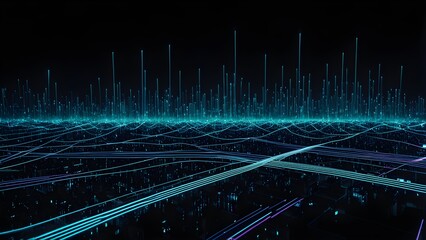 Wall Mural - Abstract digital landscape with glowing turquoise lines and data streams, representing futuristic technology and global network connections.