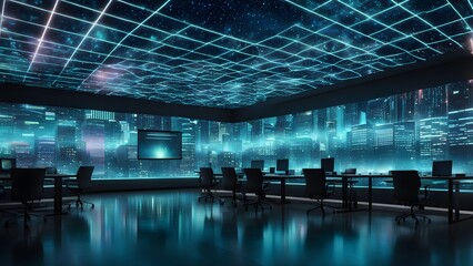Wall Mural - Futuristic office interior with glowing city skyline backdrop and network-patterned ceiling.