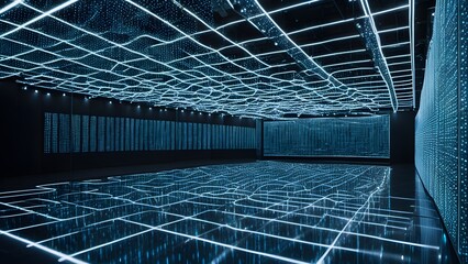 Wall Mural - Abstract futuristic interior with illuminated ceiling and walls creating a dynamic, data-driven visual effect.
