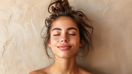 Wall Mural - Young woman with closed eyes and a serene smile against a textured beige background, radiating calm and beauty