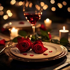 Poster - Romantic dinner setting with candles and roses creating a cozy atmosphere for a special occasion in the evening. Generative AI