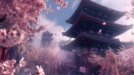 Wall Mural - Serene cherry blossom landscape featuring traditional pagodas surrounded by blooming trees and soft pink petals