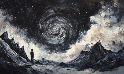 Wall Mural - a lone figure stands on a surreal landscape, gazing at swirling cosmic phenomena and fantastical mou