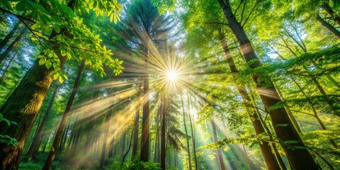 Wall Mural - Sunbeams Filtering Through Forest Canopy: Bright Light Illuminates Lush Green Leaves